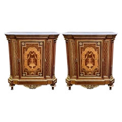 Pair Antique French Marquetry Marble Top Cabinets with Ormolu Mounts, Circa 1880