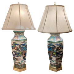 Pair Antique 19th Century Chinese Porcelain Urns Made into Lamps, Circa 1900's.