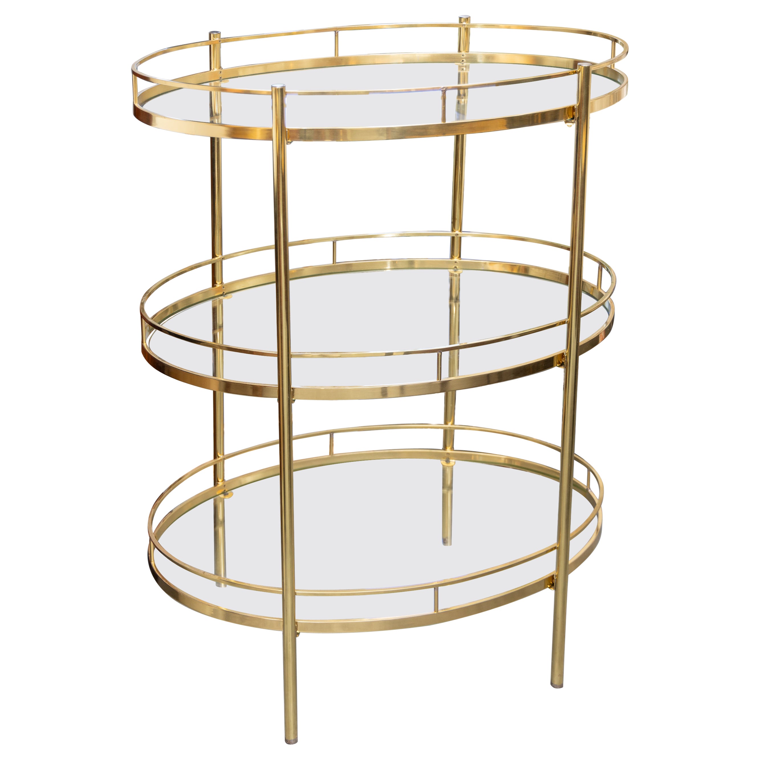 Portabottiglie ovale di ottone e vetro a tre piani del Mid Century Modern in vendita