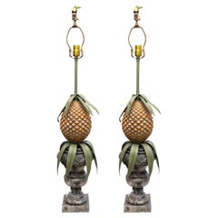 Pair of Vintage English Painted dTole Pineapples as Lamps