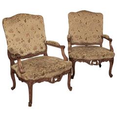 Pair of 19th Century French Louis XV Walnut Armchairs / Fauteuils in Silk Velvet