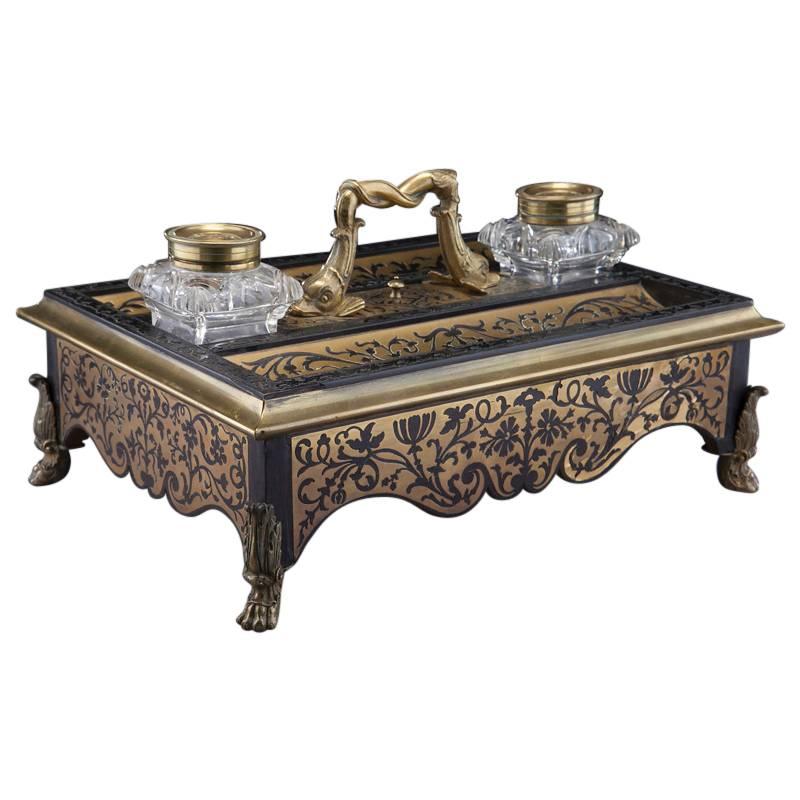 19th C. French Boulle Inlay Inkwell with Bronze Mounts and Cut Glass Vessels