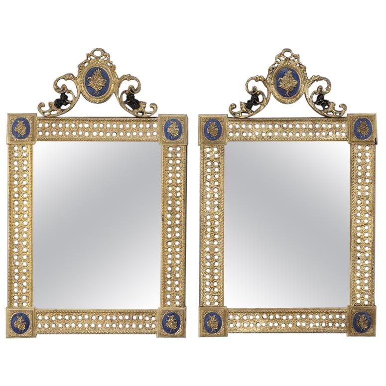 Pair of Early 20th Century French Louis XVI Bronze Doré and Enamel Wall Mirrors