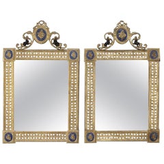 Pair of Early 20th Century French Louis XVI Bronze Doré and Enamel Wall Mirrors