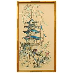 Japanese Mixed-Media Pagoda Painting on Linen Panel