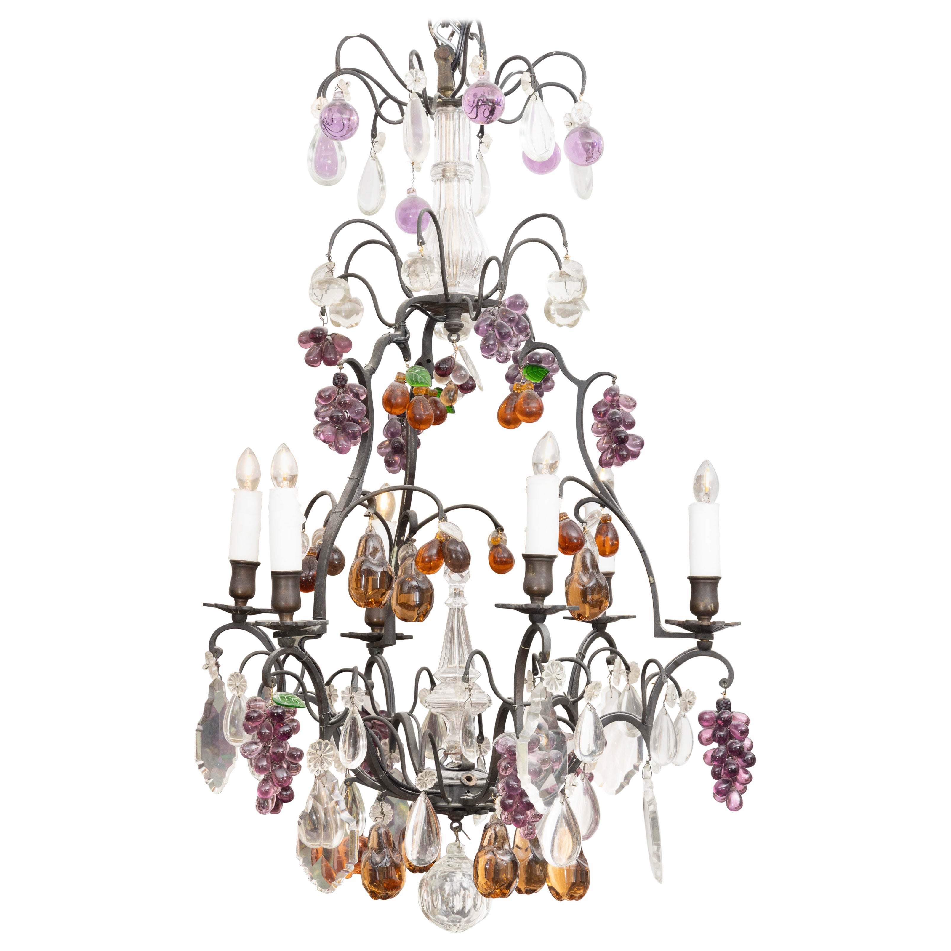 Vintage Italian Brass Chandelier with Clusters of Glass Fruit For Sale