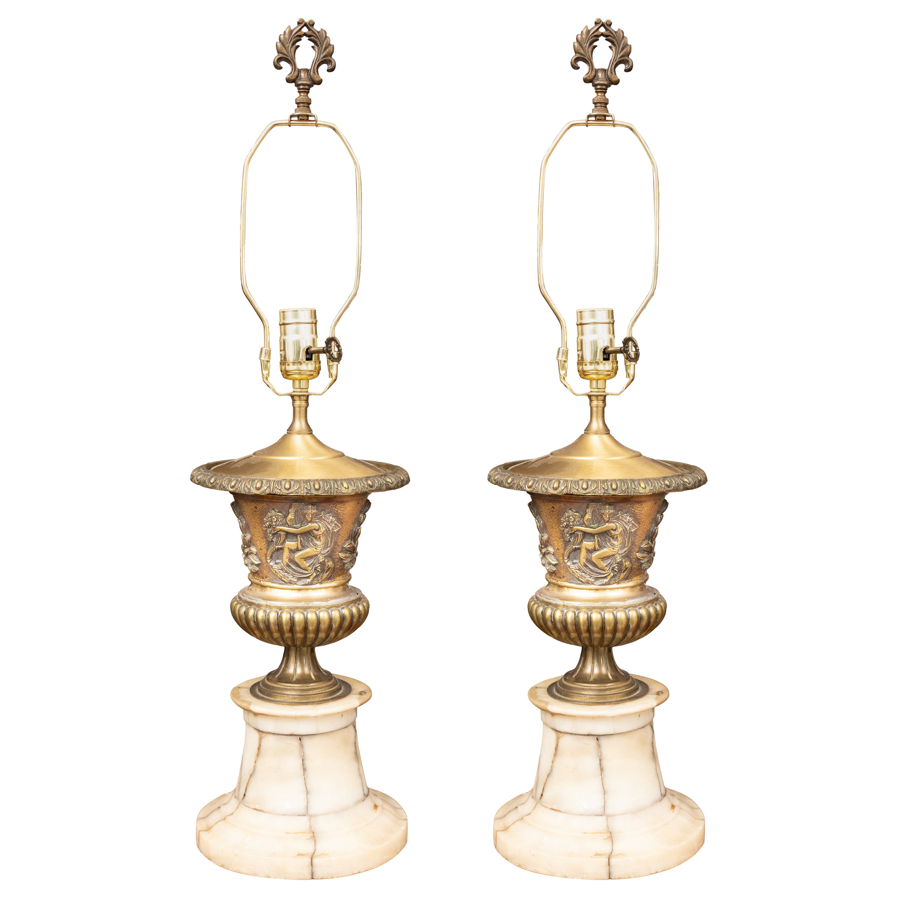 Pair of 19th Century Bronzed Metal Urns With Marble Bases, electrified For Sale