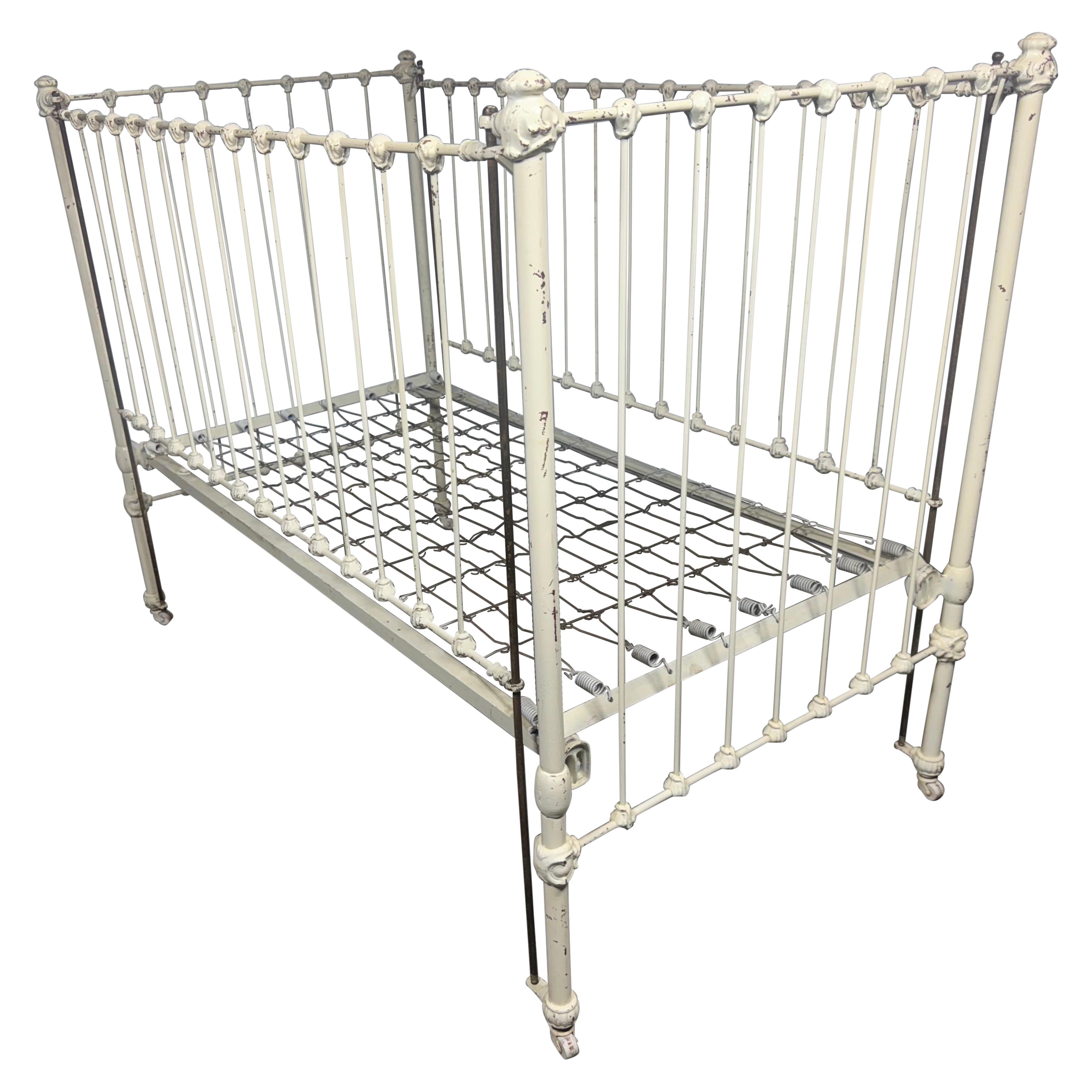 19th Century Distressed white Iron "Stick & Ball Baby Crib / daybed / bench