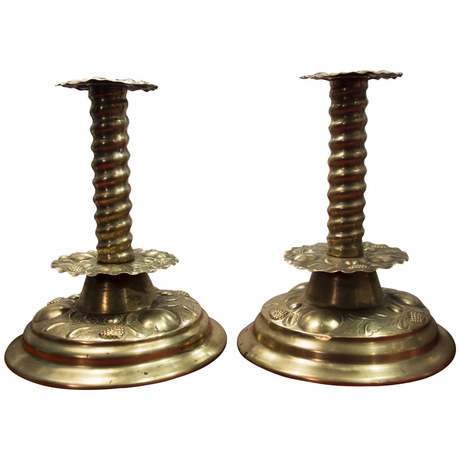 Pair of 18th Century Scandinavian Punched Brass Altar Candlesticks For Sale
