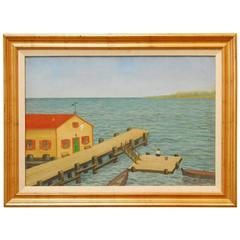 Vintage William Fellini Boat House Dock Painting, 1956
