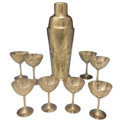 Bamboo Japanese 970 Silver Martini Shaker & Goblet Set Nine-Piece Bar Service