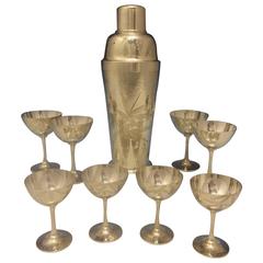 Retro Bamboo Japanese 970 Silver Martini Shaker & Goblet Set Nine-Piece Bar Service