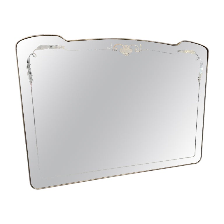 Wide, Etched Glass Mid Century Brass Mirror, Italy