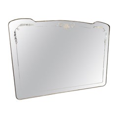 Wide, Etched Glass Mid Century Brass Mirror, Italy