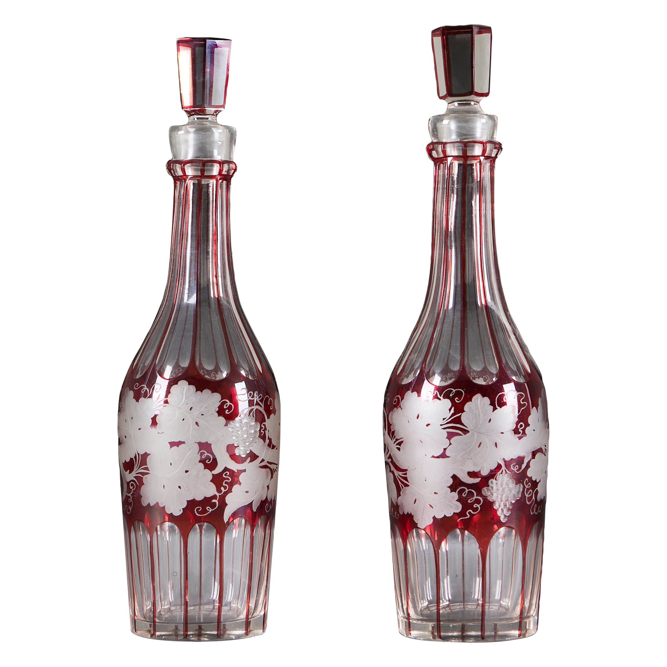 A Pair of Late 19th Century Red Cut Glass Spirit Decanters