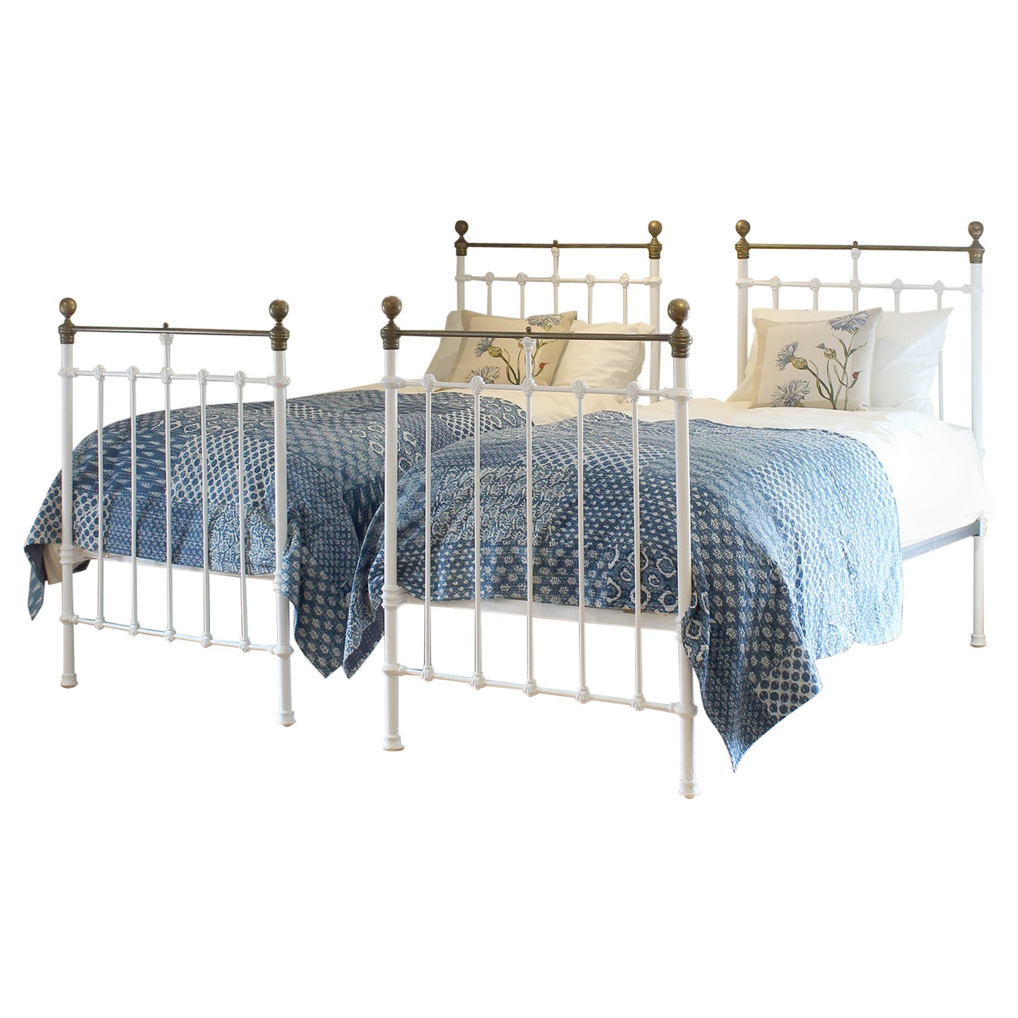 Matching Pair of Antique Cast Iron Antique Beds in White MP68