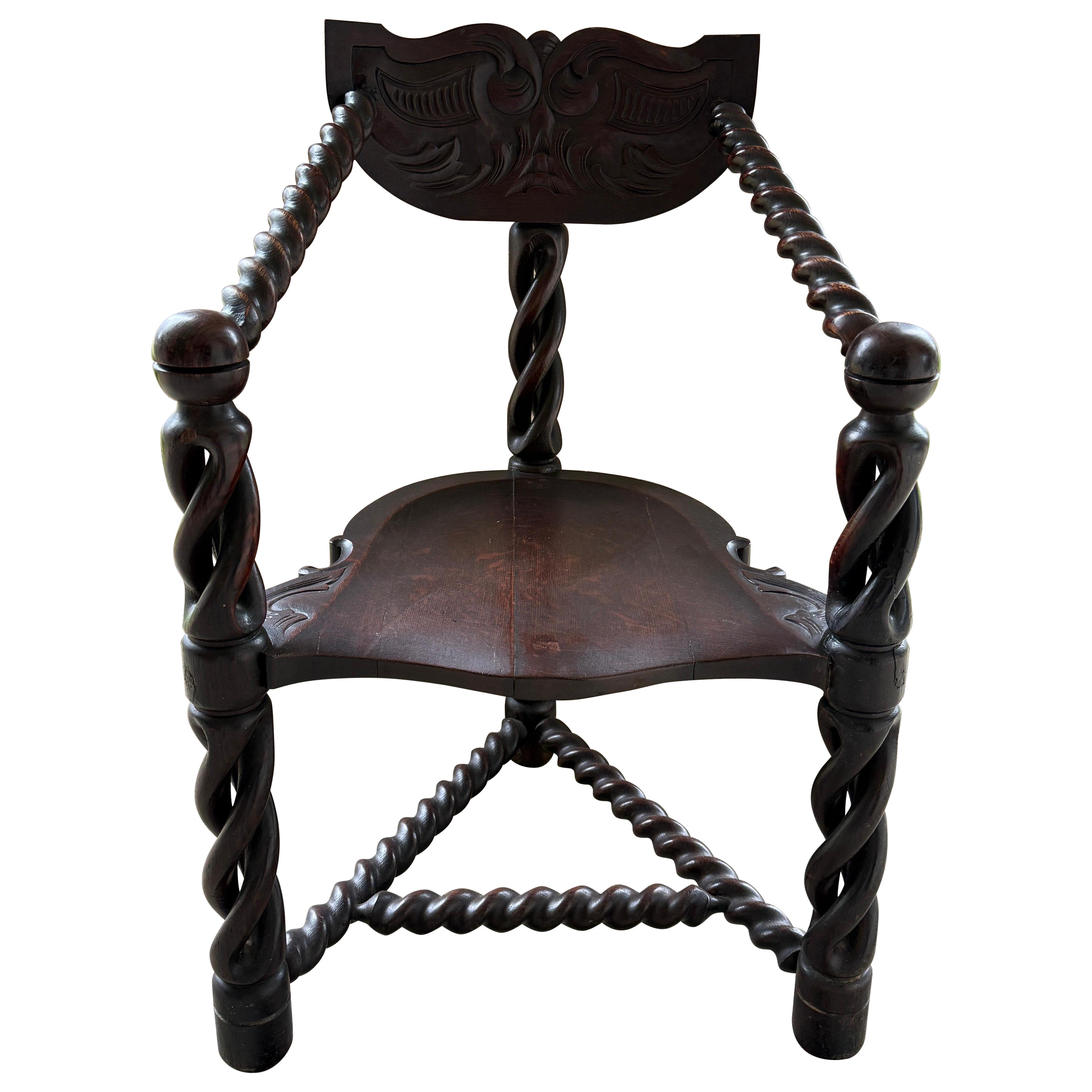 Three Legged Jacobean Style Chair Attributed to  R.J. Horner C. 1890 For Sale
