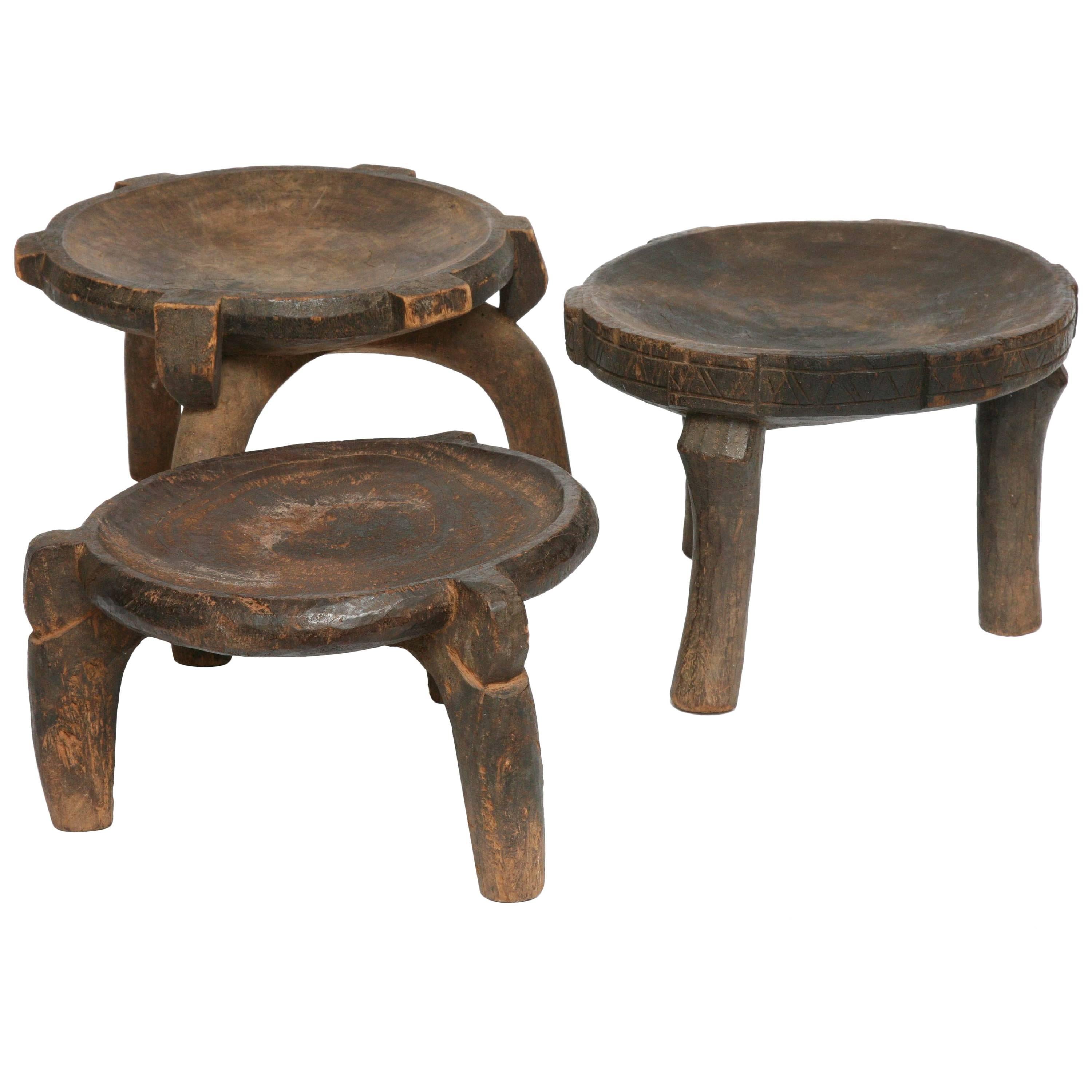 Three African Stools, Ethiopian, Hand-Carved, with Distinct Differences