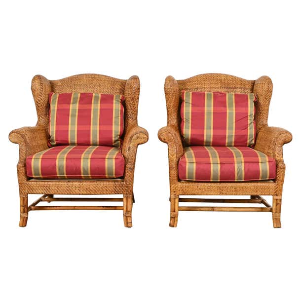 Baker Furniture British Colonial Bamboo Rattan Wingback Lounge Chairs ...