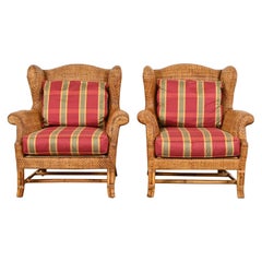 Baker Furniture British Colonial Bamboo Rattan Wingback Lounge Chairs, coppia