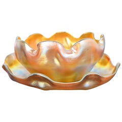 Louis Comfort Tiffany Favrile Iridescent Art Glass Ruffled Edge Finger Bowl