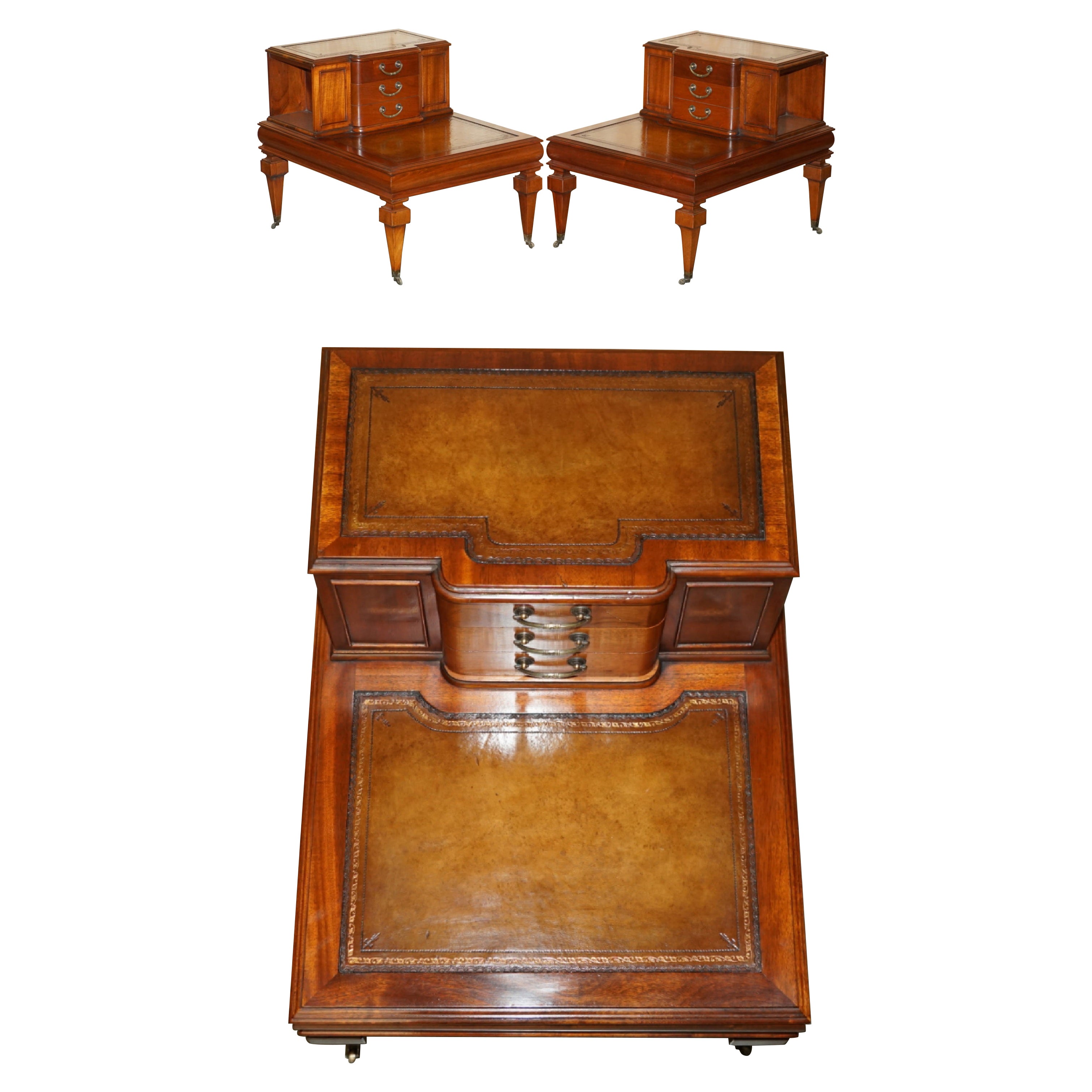 EXQUISITE PAIR OF FULLY RESTORED BROWN LEATHER SIDE END BOOK TABLES WITH DRAWERs For Sale