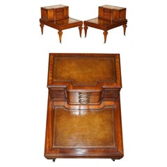 EXQUISITE PAIR OF FULLY RESTORED BROWN LEATHER SIDE END BOOK TABLES WITH DRAWERs