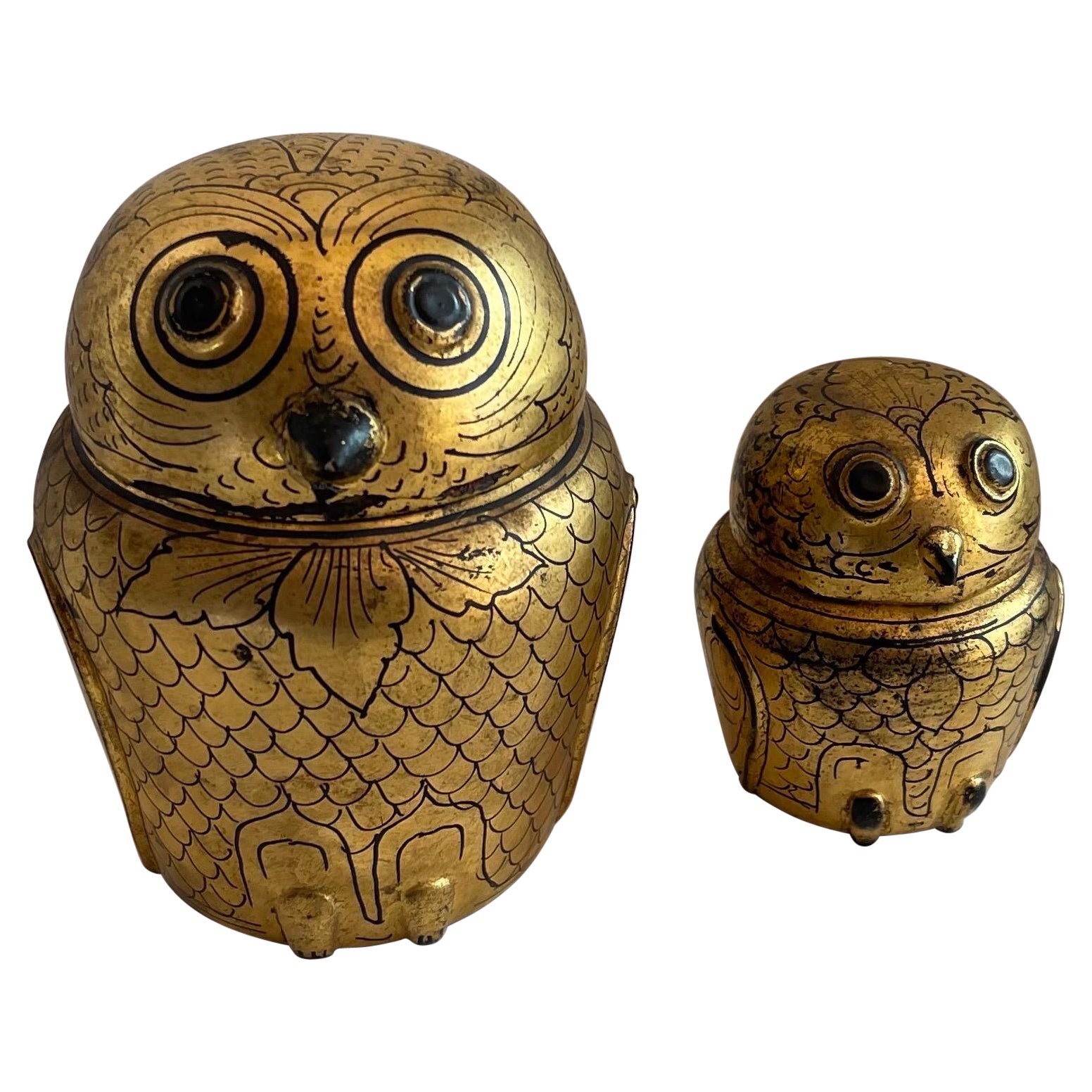 Burmese Gold and Black Lacquer Owl Boxes, Set of 2