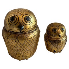 Burmese Gold and Black Lacquer Owl Boxes, Set of 2
