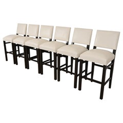 Modern Mahogany and Leather Bar Stools, Set of Six
