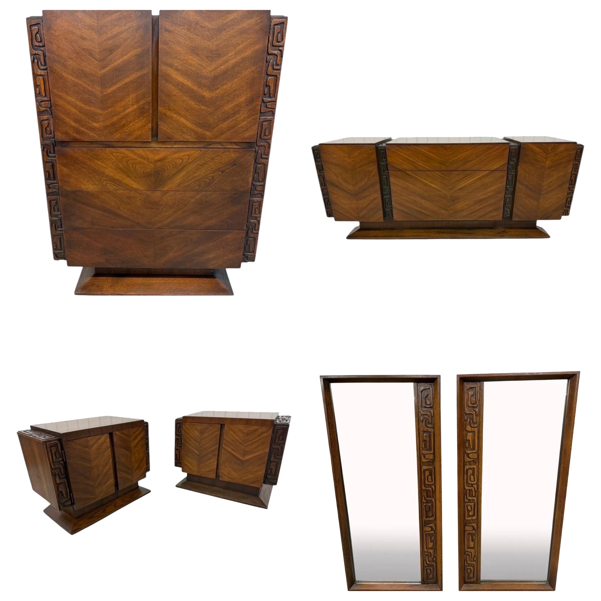 Mid-Century Modern United Tiki Walnut Bedroom Set - Set of 6