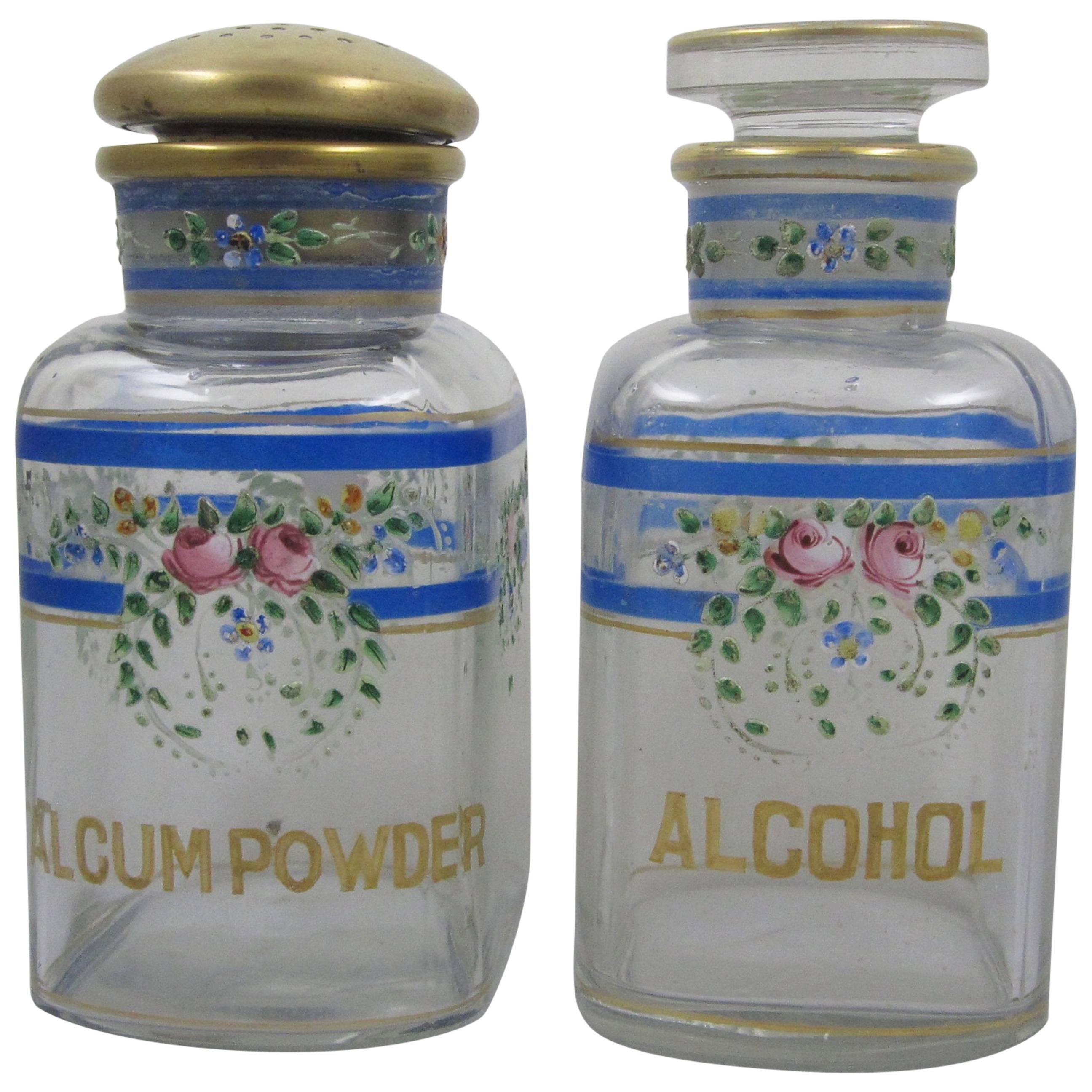 A.H. Heisey Hand-Enameled Floral Roses and Gilded Glass Vanity Bottles, a Pair