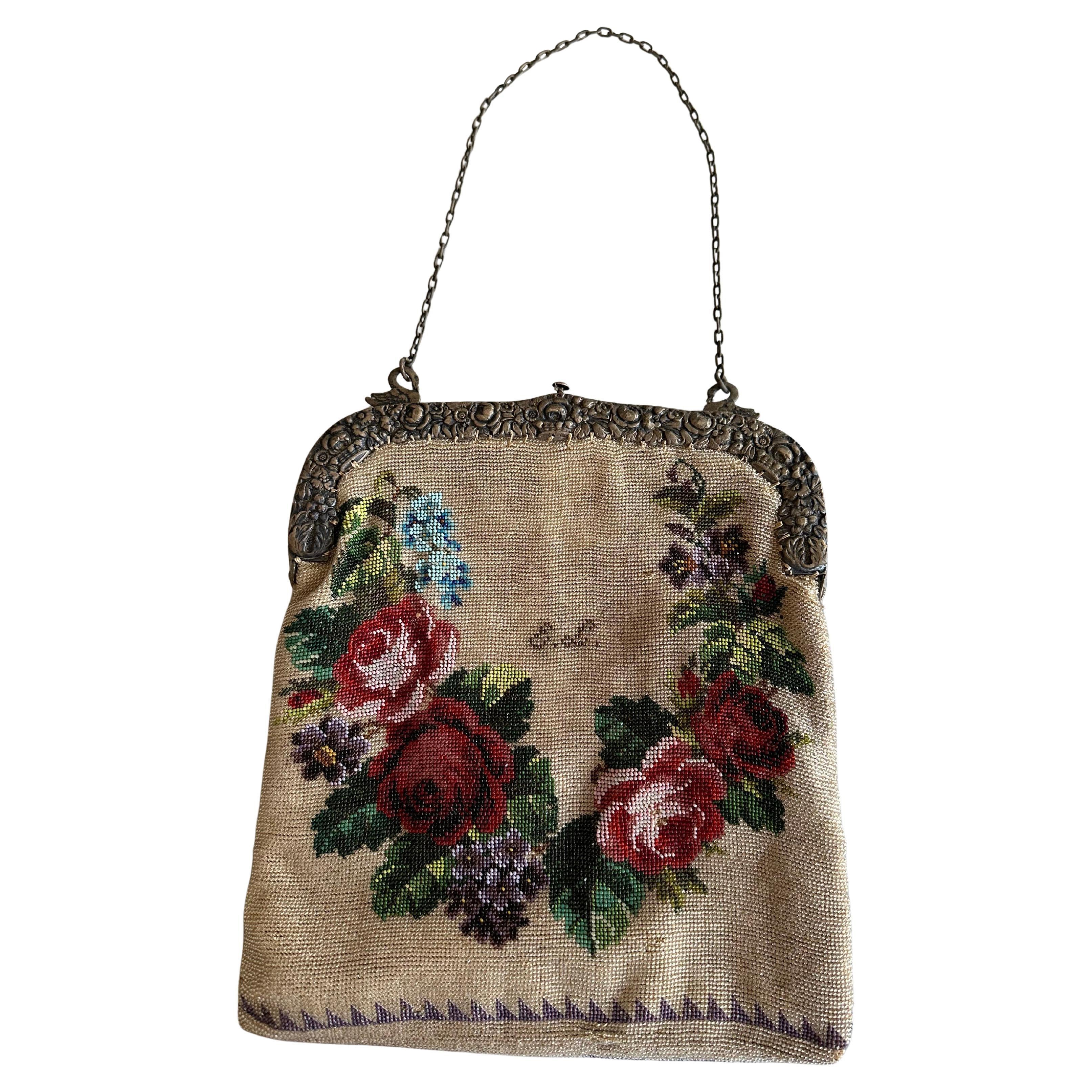 Antique Beaded Handbag with Silvered Clasp and Swan Detail, circa 1880