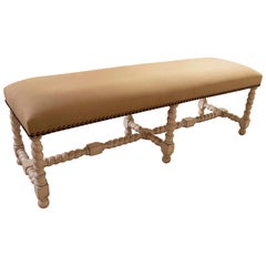 Banc tapissé des années 1990 avec pieds tournés sculptés en bois de style rustique