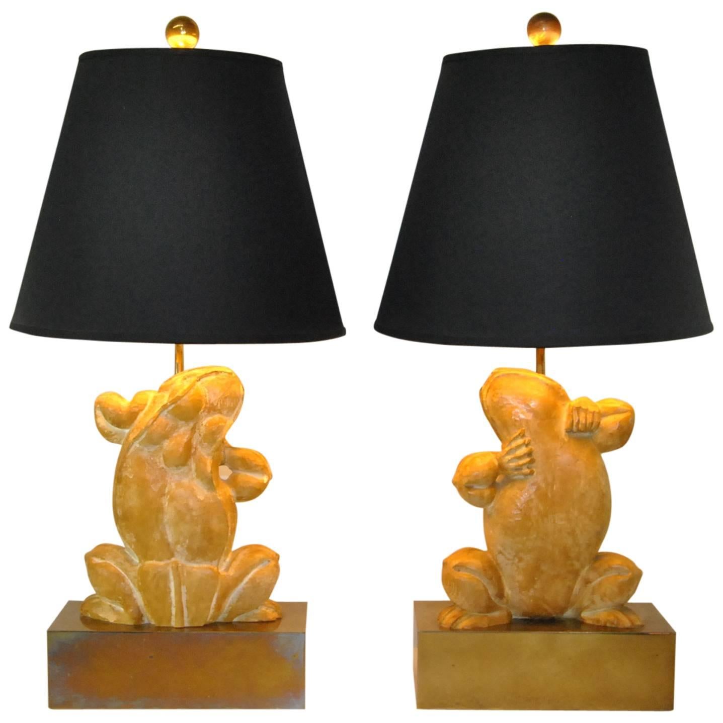 Pair of Chapman Brass and Composition Dancing Frog Table Lamps