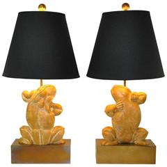 Pair of Chapman Brass and Composition Dancing Frog Table Lamps