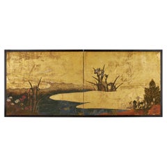 Antique Japanese Two Panel Screen: Iris By Rivers Edge