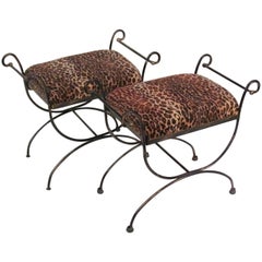 Pair of Mid-Century Modern Iron Leopard Print Cerule Benches