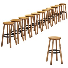 1960s Bar Stools in Blonde Wood and Hammered Iron