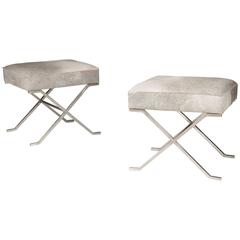 Pair of Chrome Benches Upholstered in Cowhide