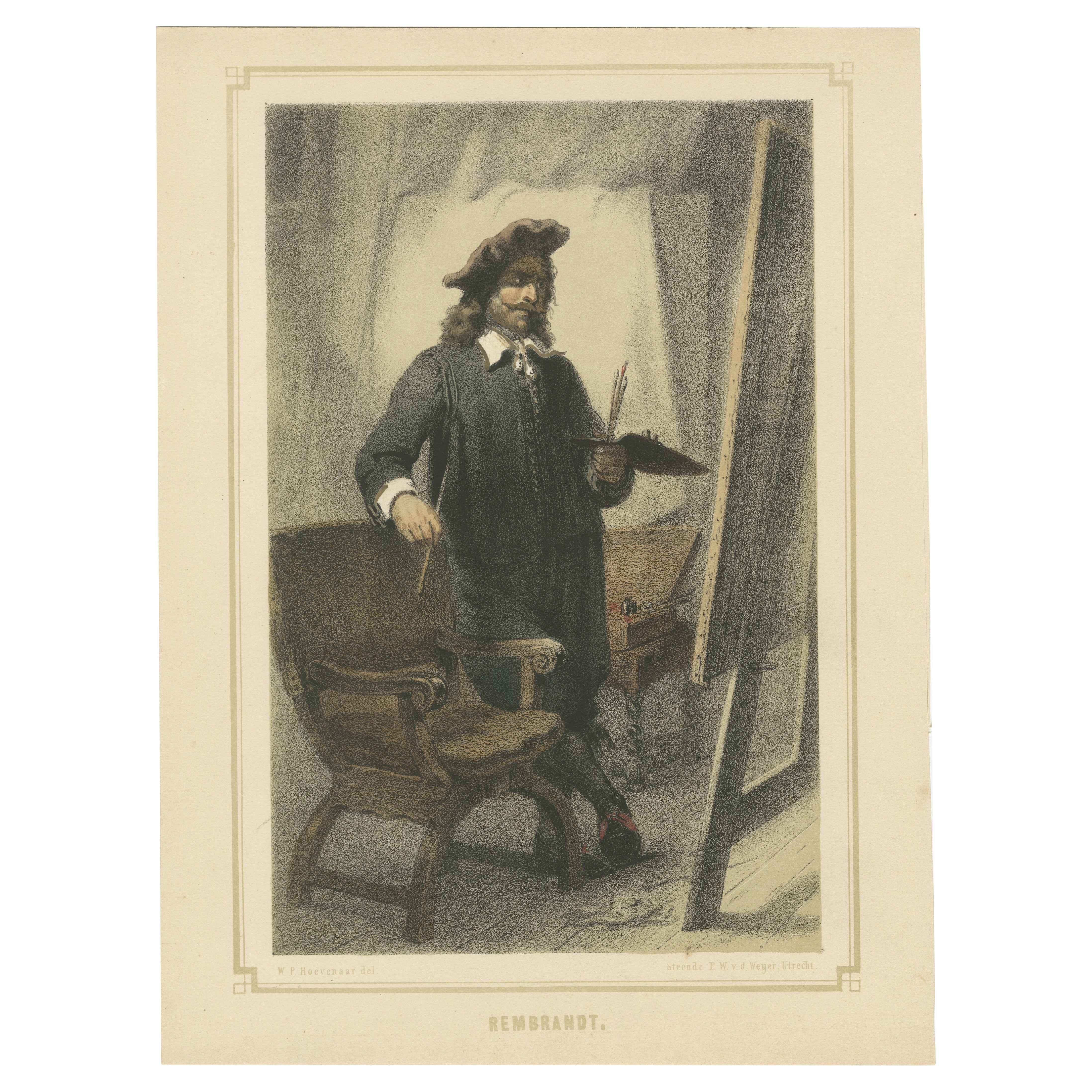Rembrandt Standing at the Easel – 19th-Century Hand-Colored Lithograph