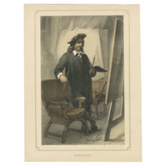 Rembrandt Standing at the Easel – 19th-Century Hand-Colored Lithograph
