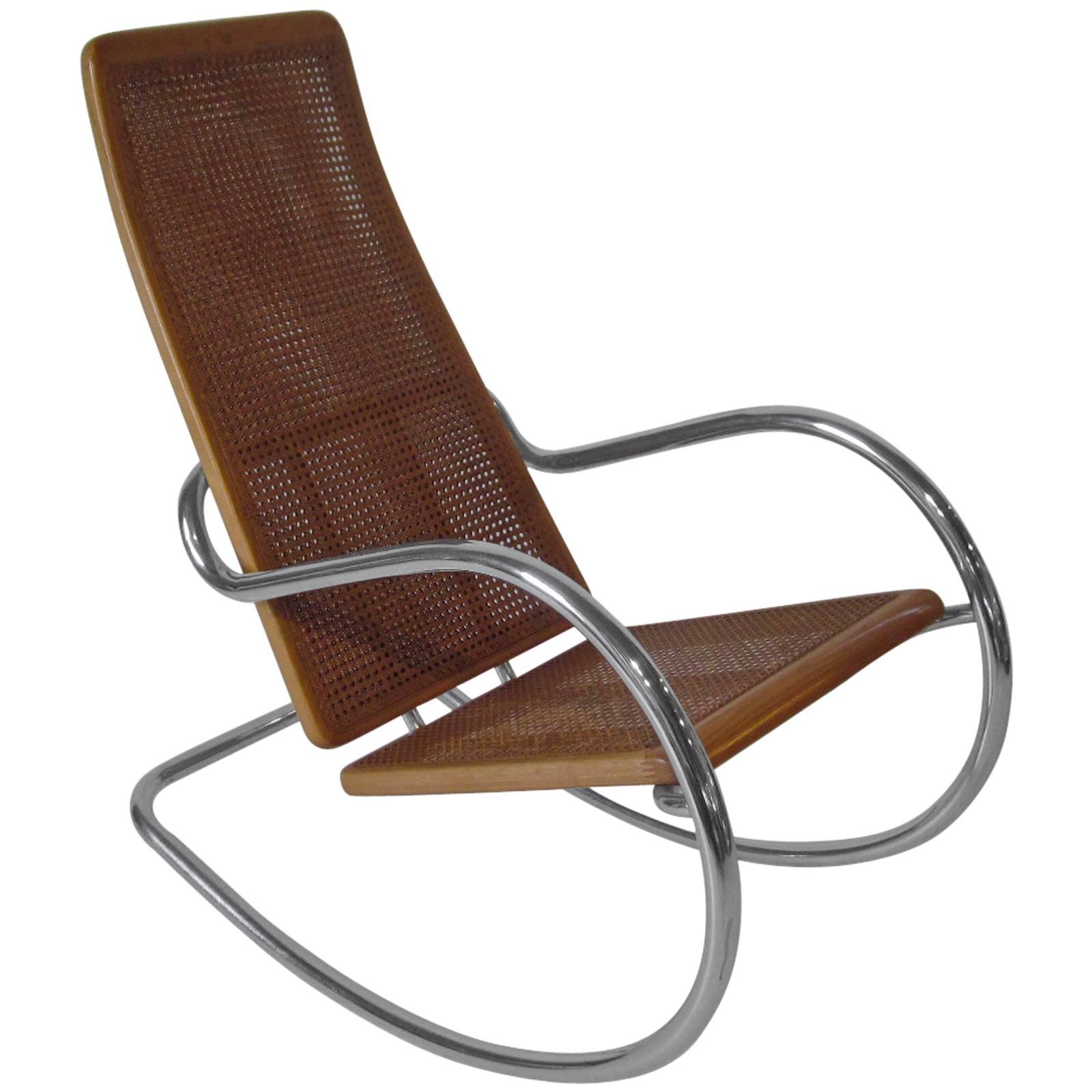 Italian Chrome and Wood Caned Rocking Chair