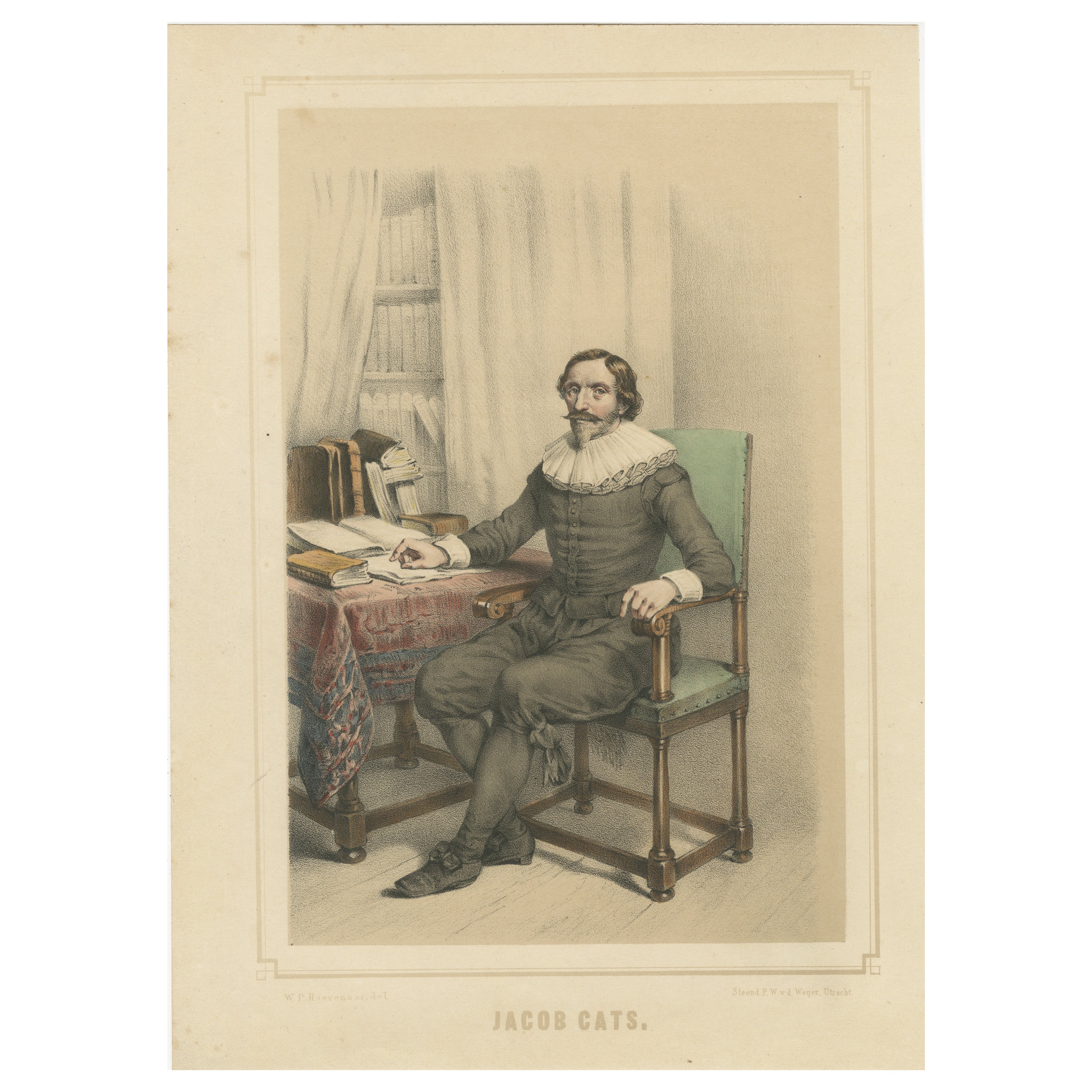 Jacob Cats – Dutch Poet and Statesman, 19th-Century Hand-Colored Lithograph
