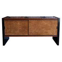 Italian black lacquered wood and suede fronted credenza