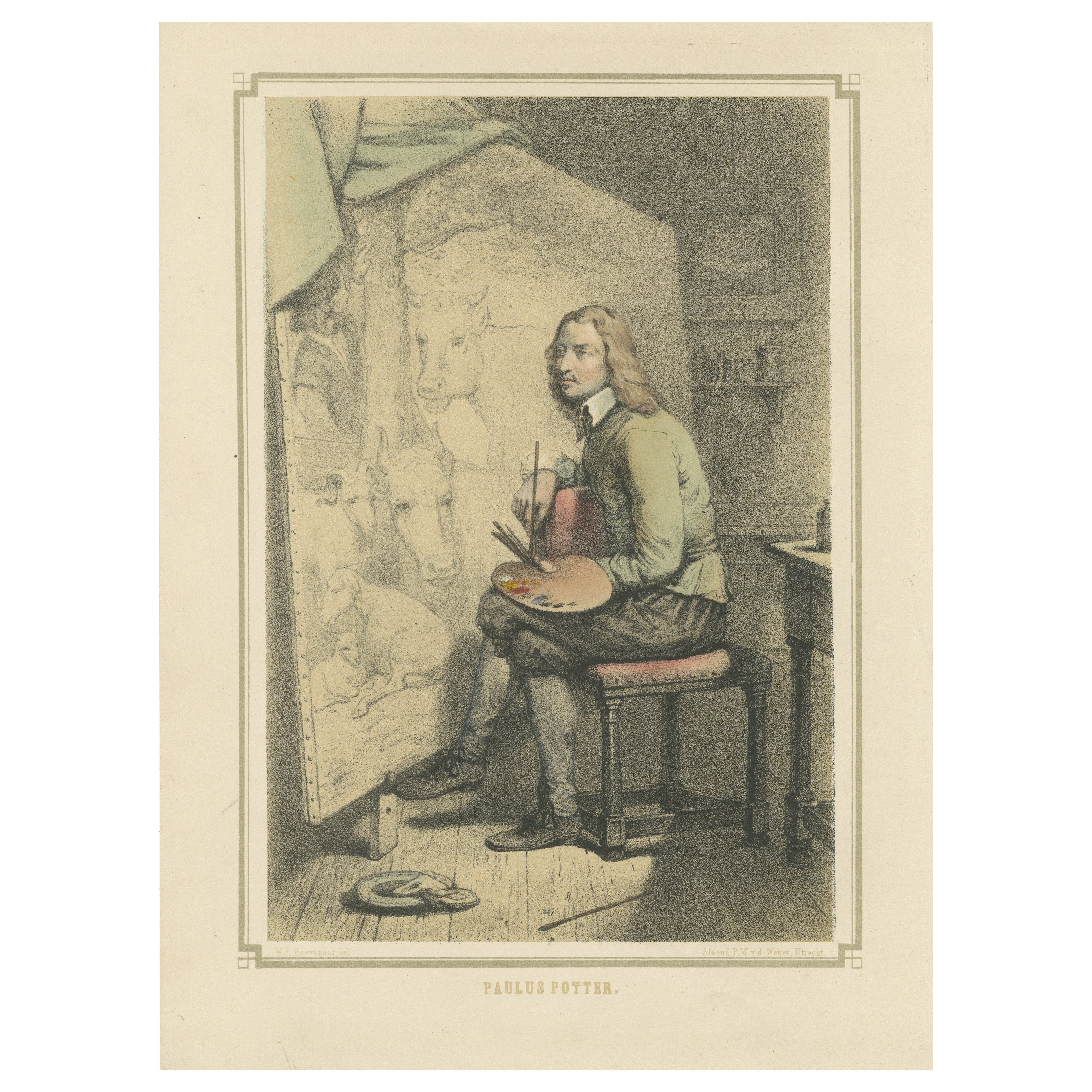 Paulus Potter – Dutch Animal Painter at Work, Hand-Colored Lithograph, ca.1850