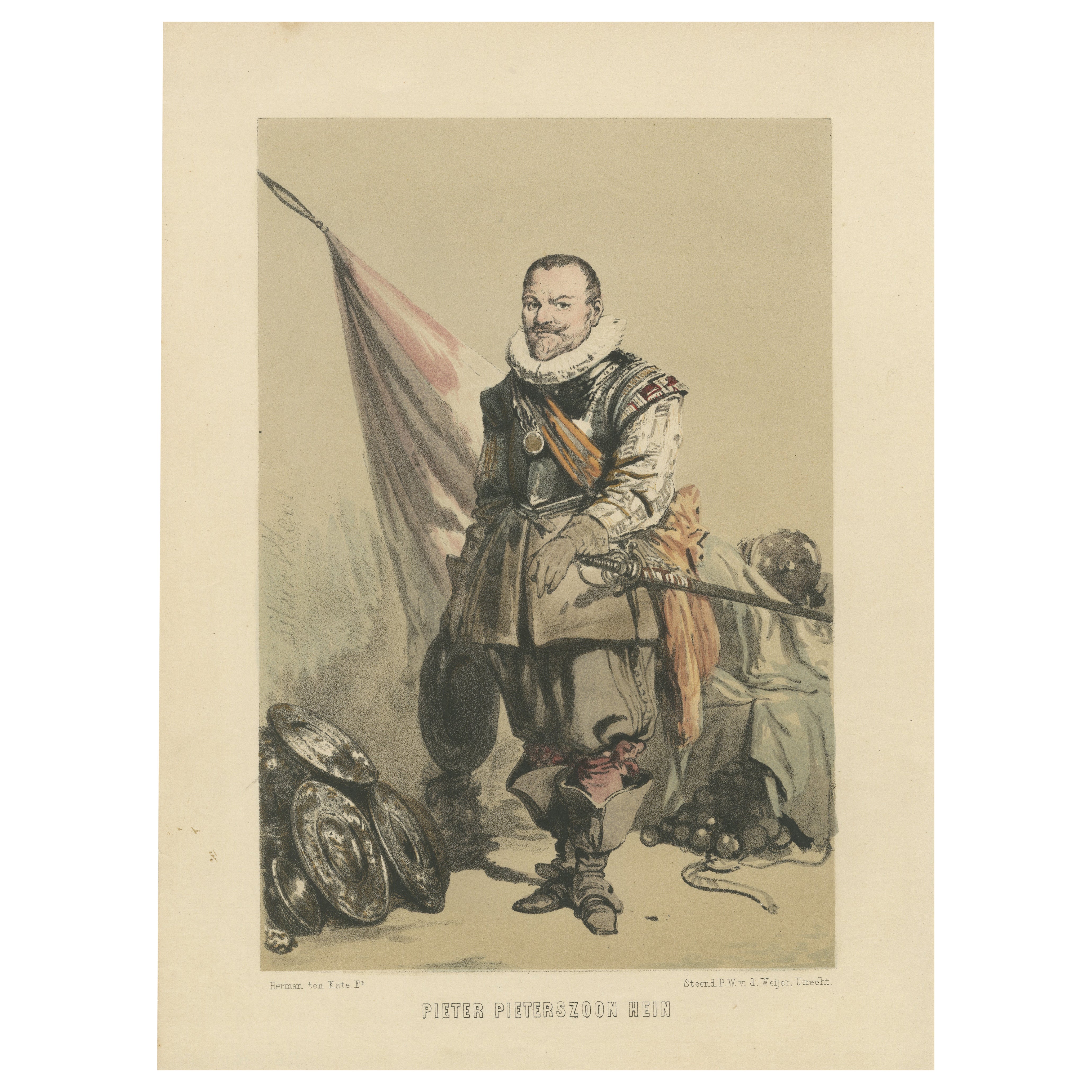 Pieter Pieterszoon Hein – Dutch Naval Hero, 19th-Century Hand-Colored Lithograph