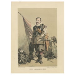Antique Pieter Pieterszoon Hein – Dutch Naval Hero, 19th-Century Hand-Colored Lithograph