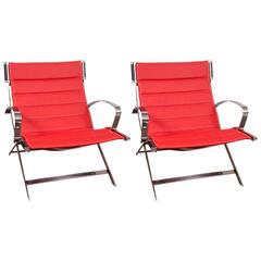 Pair of Fantastic Chrome and Candy Red Leather Modern Lounge Chair
