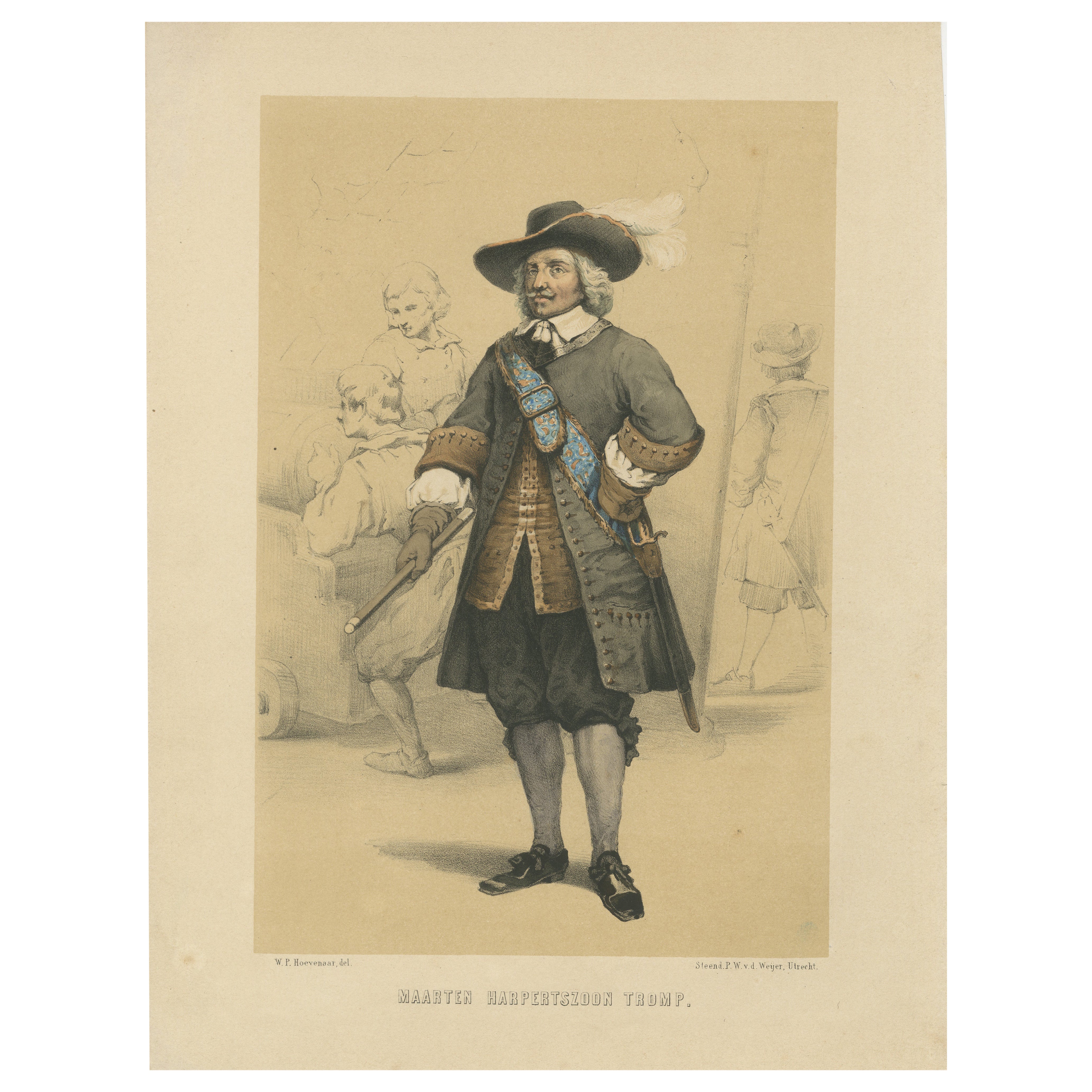Maarten Harpertszoon Tromp – Dutch Admiral, 19th-Century Hand-Colored Lithograph